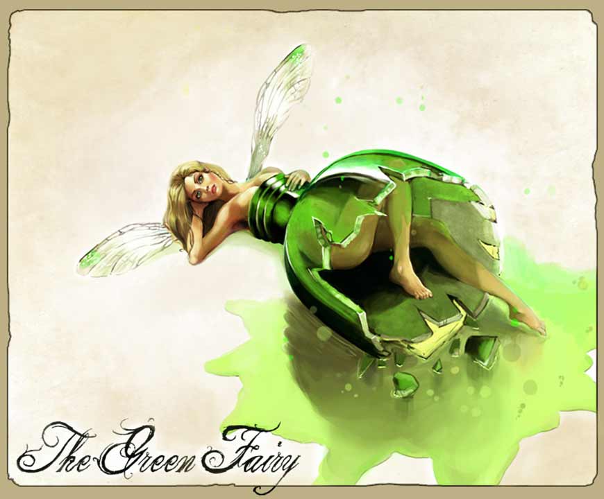 Painting - Green Fairy in a Broken Bottle